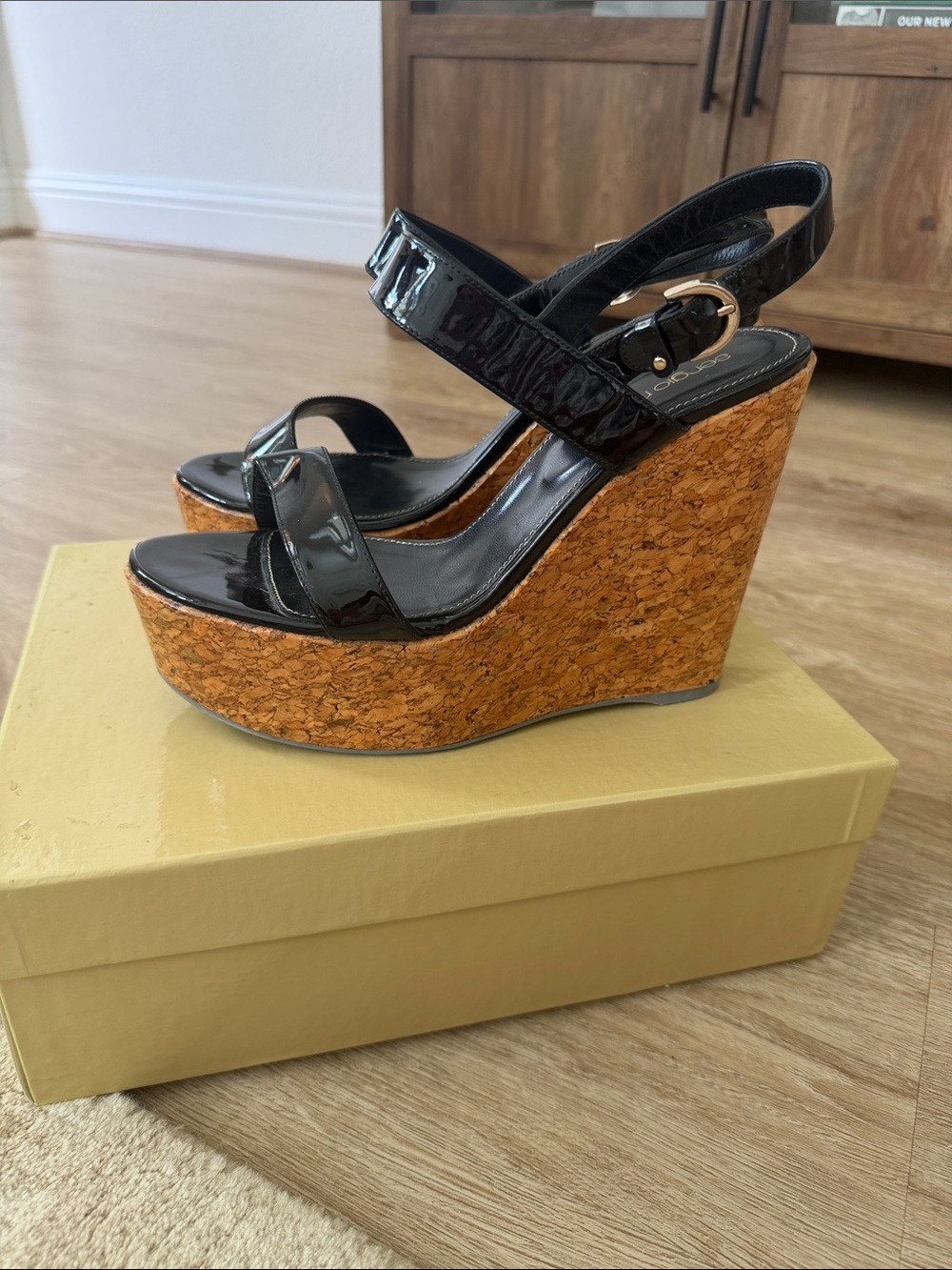 Sergio Rossi Black Patent Cork Wedge Sandals